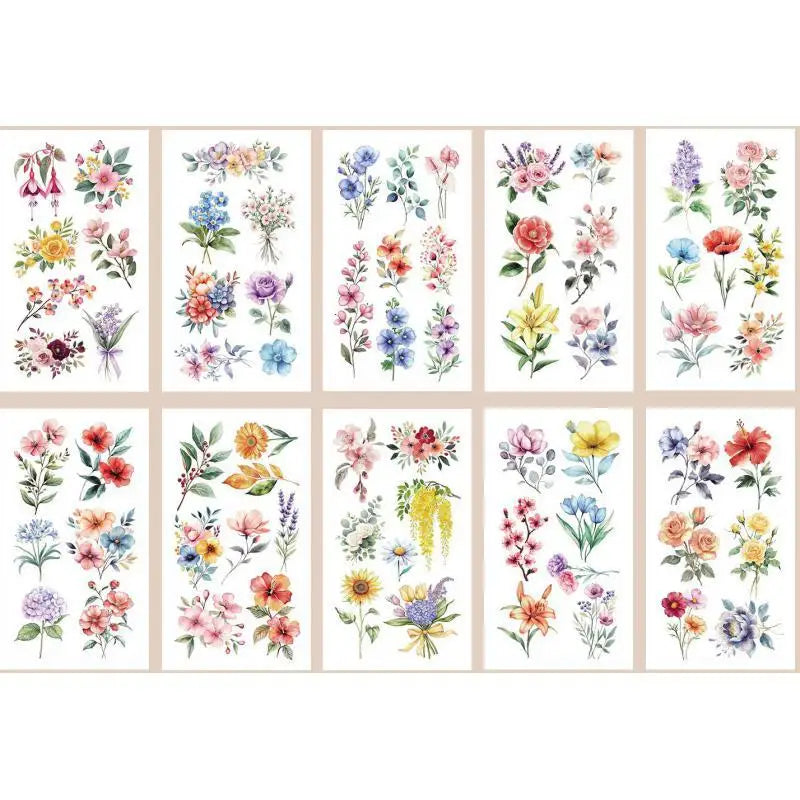 Colorful Flower Temporary Tattoo Stickers — 10pcs Sunflower Bouquet Set