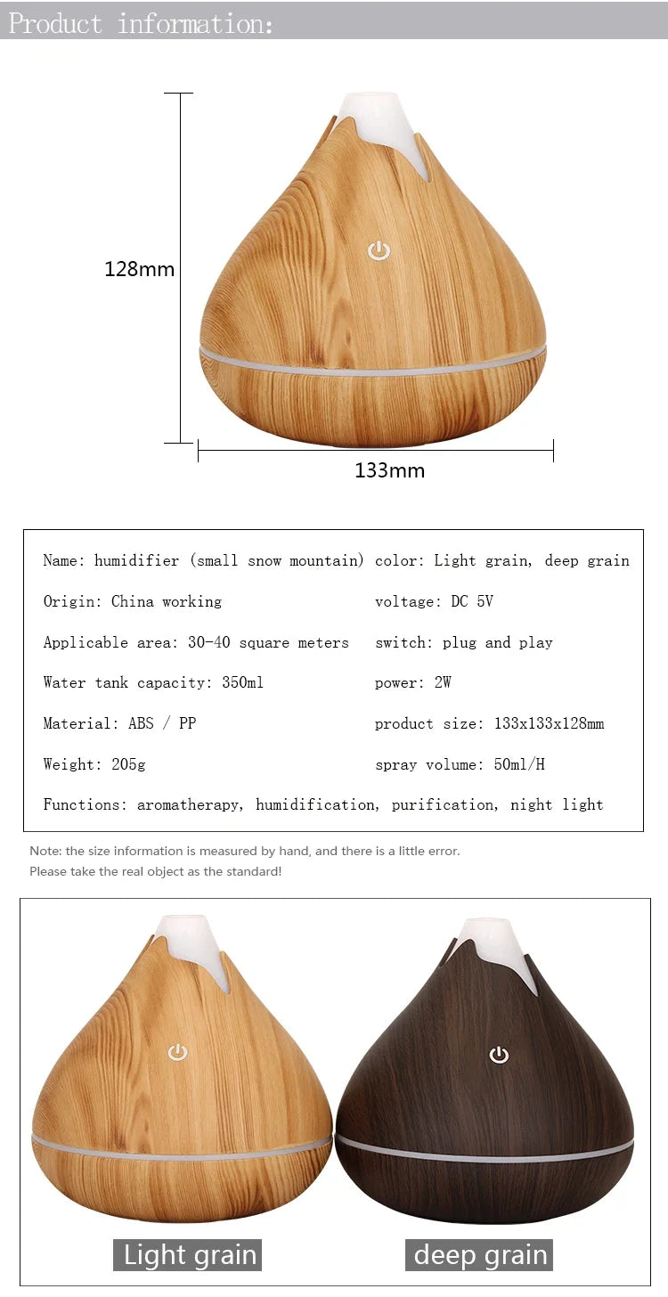 350ml Wood Grain Aromatherapy Diffuser — Remote Control, 7-Color LED Ultrasonic Humidifier