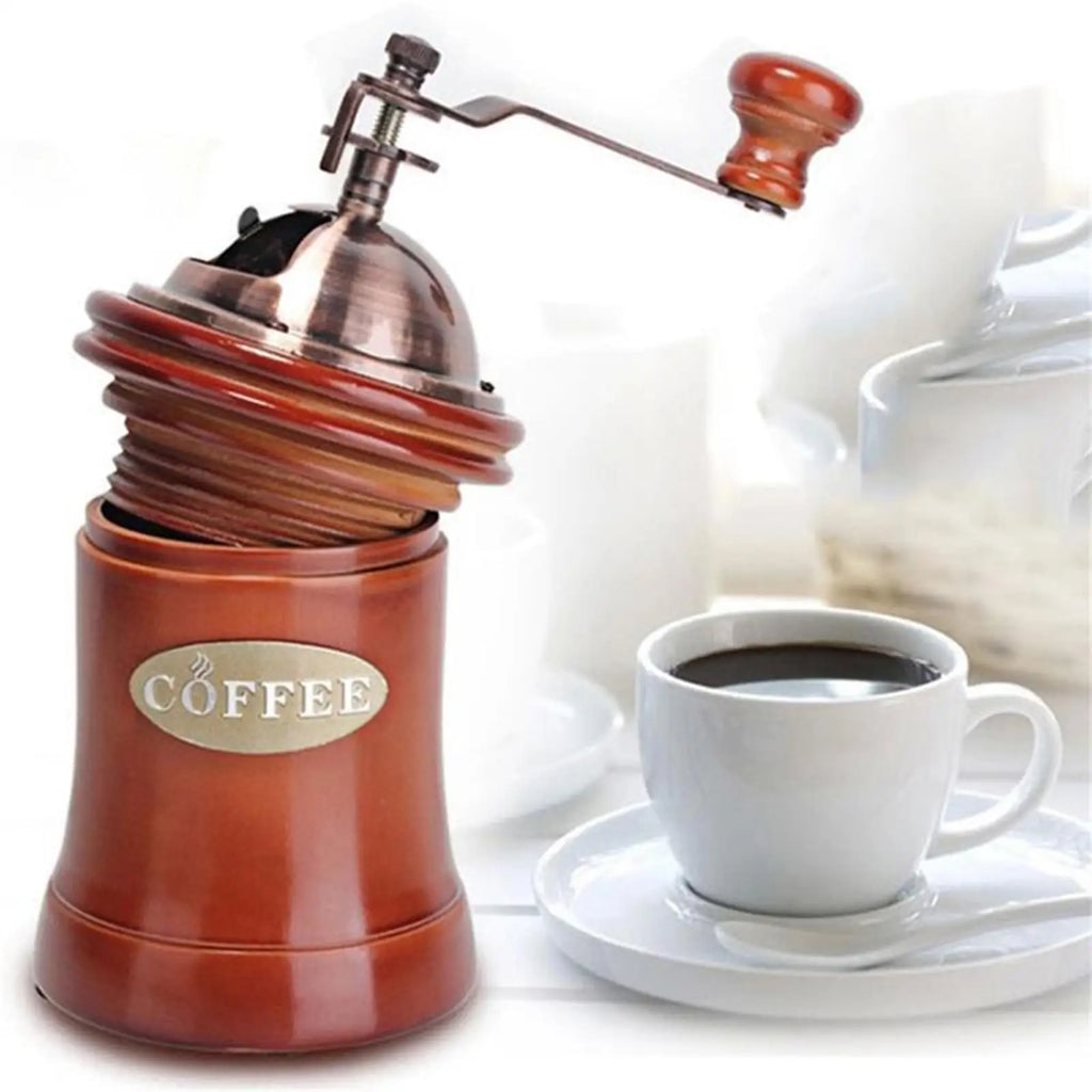Classic Wood Manual Coffee Grinder — Hand Crank Coffee Bean Mill with Wood Base