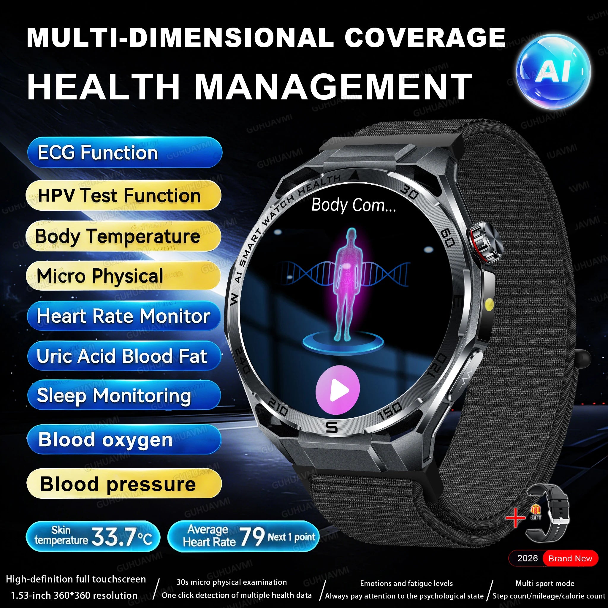 2026 ECG+PPG Health Smartwatch — Body Fat, Uric Acid & Bluetooth Call for Men & Women