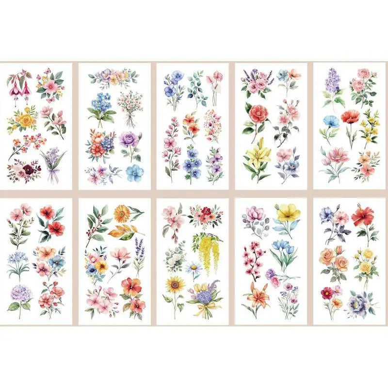 Colorful Flower Temporary Tattoo Stickers — 10pcs Sunflower Bouquet Set
