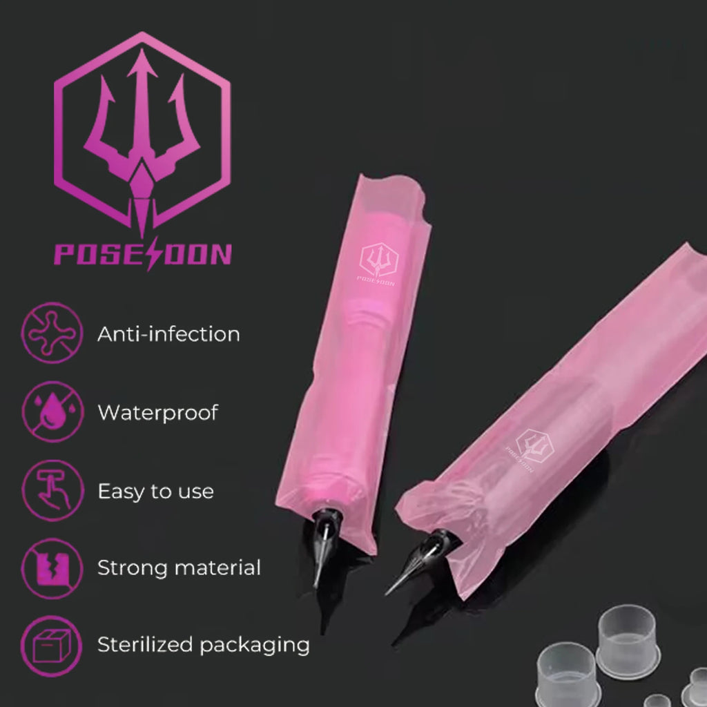 POSEIDON Tattoo Pencil Sleeve Bag — 200pcs Covers + 3pcs Pink Bandage Practice Set