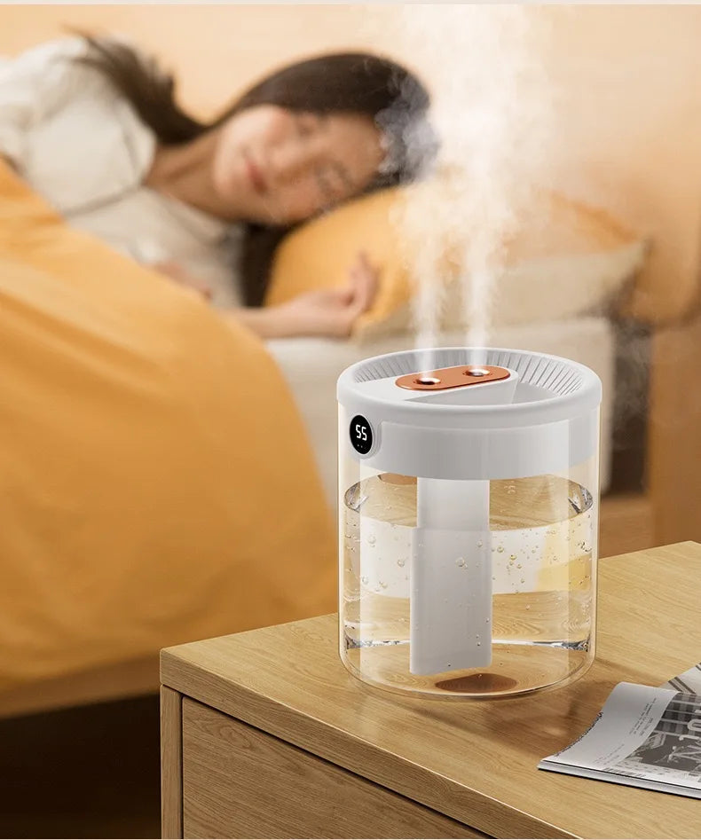 2L Double Spray Humidifier — Large Capacity Silent USB with Night Light & Digital Display