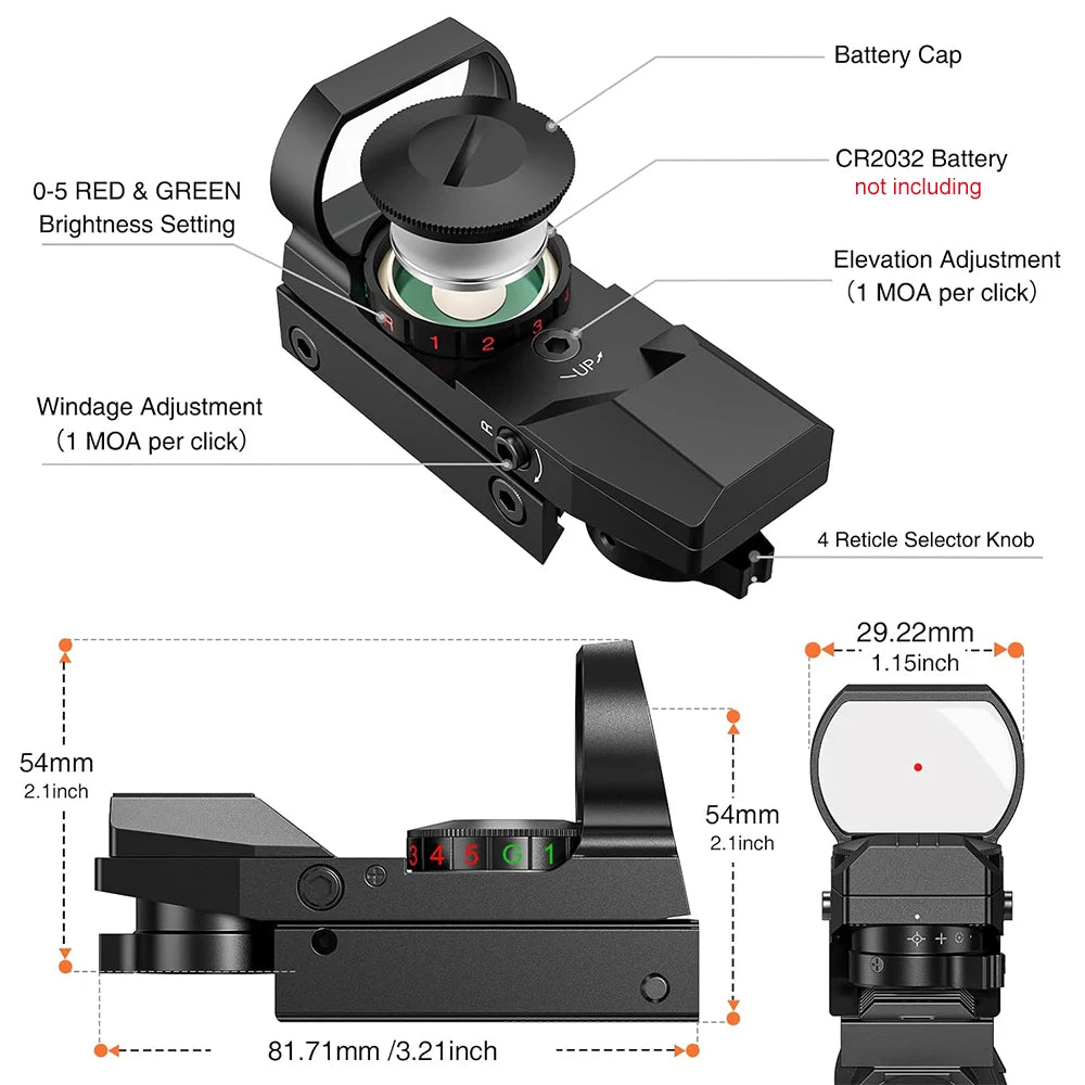 Tactical Red & Green Dot Sight — Reflex Optics Scope with 20mm Rail Mount