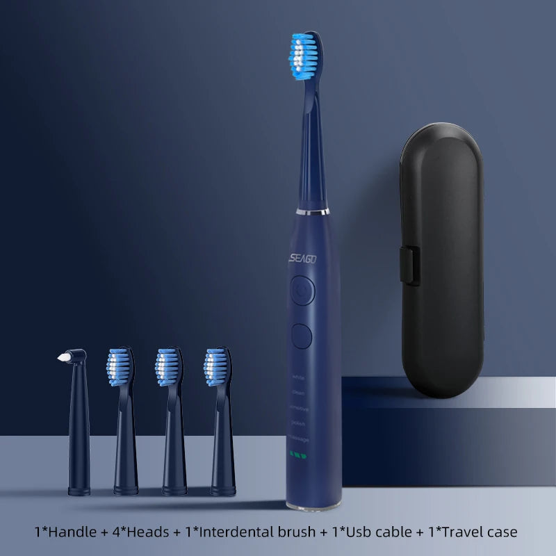 Seago SG-575 Electric Toothbrush — USB Rechargeable, 360-Day Battery, IPX7 with 4 Heads