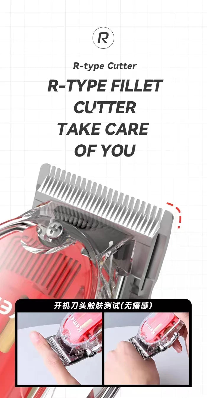Kemei Rechargeable Hair Cutting Machine Barber Shop Fade Hair Clippers 10W Cordless Trimmer Transparent Cover Red Base KM-1761