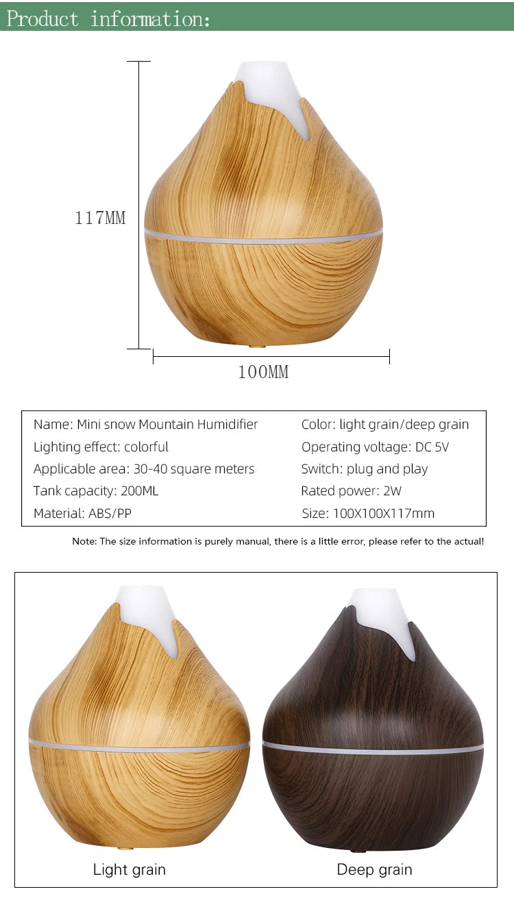 350ml Wood Grain Aromatherapy Diffuser — Remote Control, 7-Color LED Ultrasonic Humidifier
