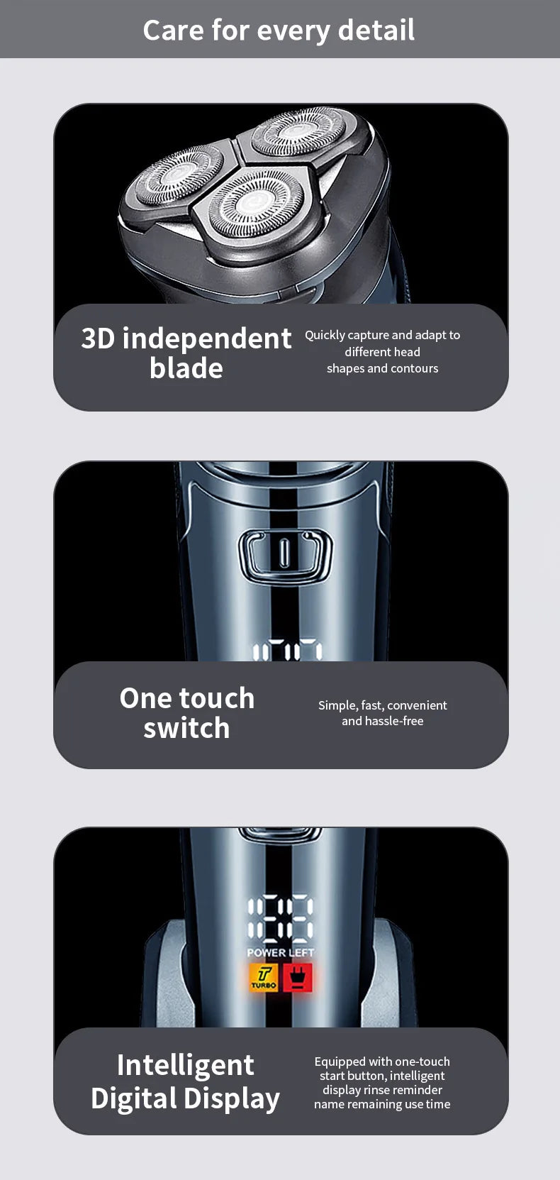 Men's Electric Razor — 3D Flexible Floating Heads, USB Rechargeable with Adjustable Shaving Strokes