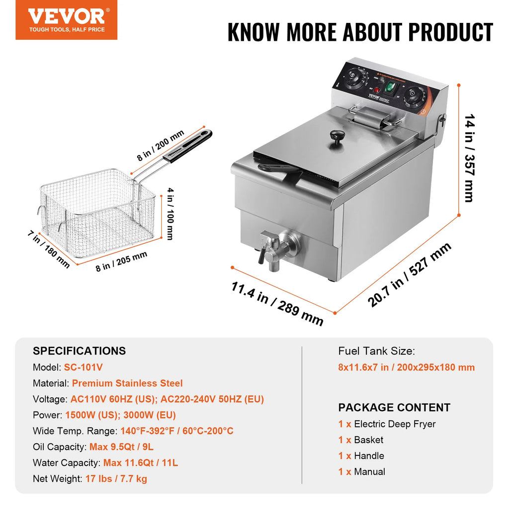 SucceBuy Commercial Deep Fryer — Electric Countertop Stainless Steel with Timer & Temp Control
