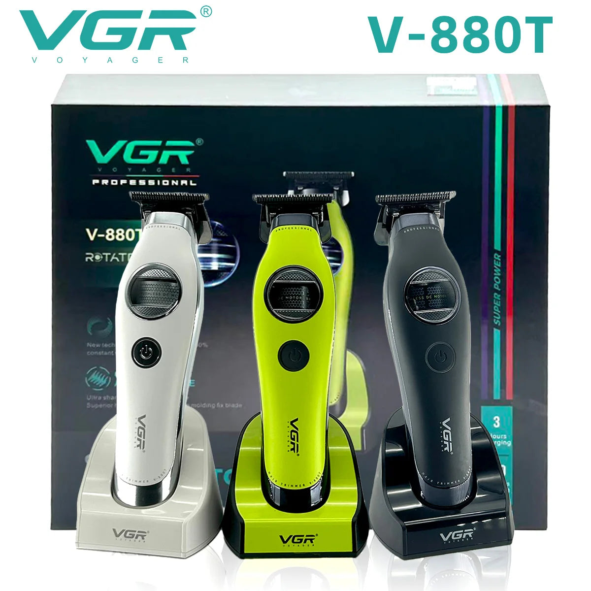 VGR Hair Trimmer Brushless External Rotor Motor Professional Hair Cutting Machine Barber Clippers Cordless Trimmer for Men V-880