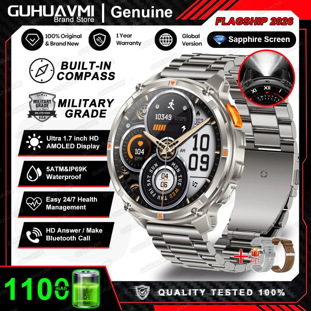2026 T-Rex3 Pro Military Smartwatch — 1100mAh, GPS, 5ATM Waterproof & Compass