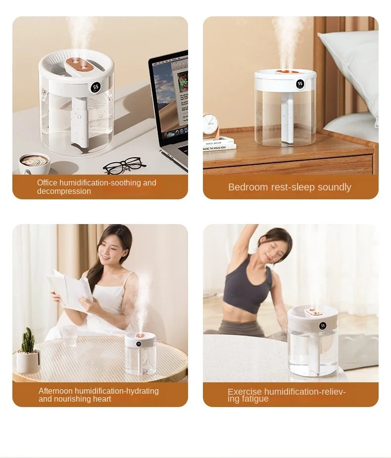 2L Double Spray Humidifier — Large Capacity Silent USB with Night Light & Digital Display