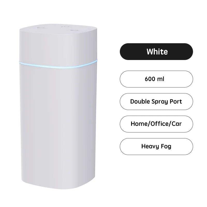 USB Air Humidifier 600ml — Double Spray, Essential Oil Aromatherapy for Home & Office