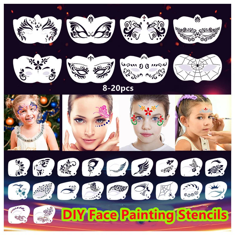 Reusable Body Painting Stencils — 8-20 Pcs Face Art & Temporary Tattoo Templates