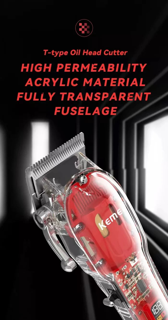 Kemei Rechargeable Hair Cutting Machine Barber Shop Fade Hair Clippers 10W Cordless Trimmer Transparent Cover Red Base KM-1761