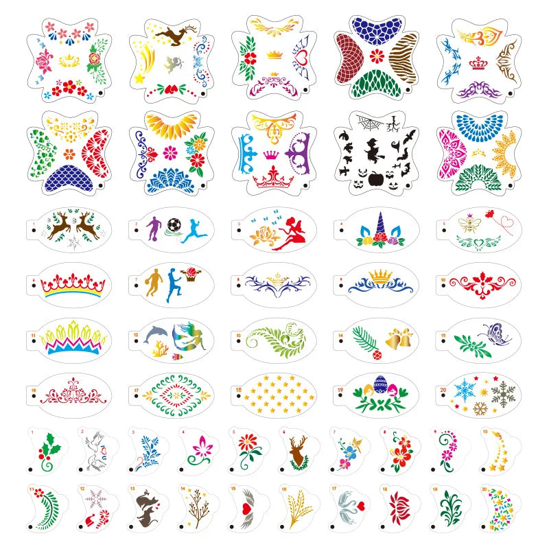 Reusable Body Painting Stencils — 8-20 Pcs Face Art & Temporary Tattoo Templates