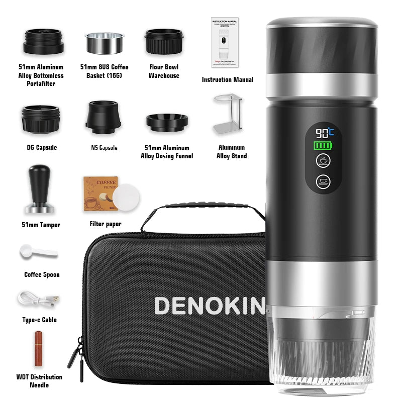 DENOKIN 3-in-1 Portable Espresso Machine — Digital Display, Removable Battery for Car, Home & Camping