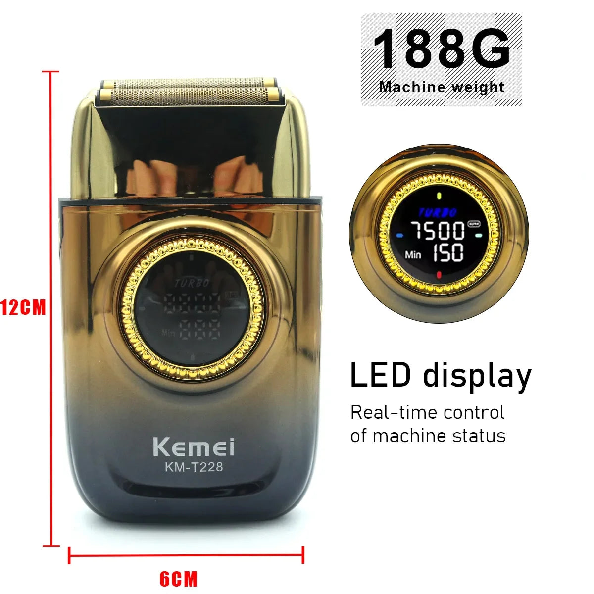 Kemei KM-T228 Professional Reciprocating Foil Shaver — Turbo High Speed, LCD, USB Fast Charge