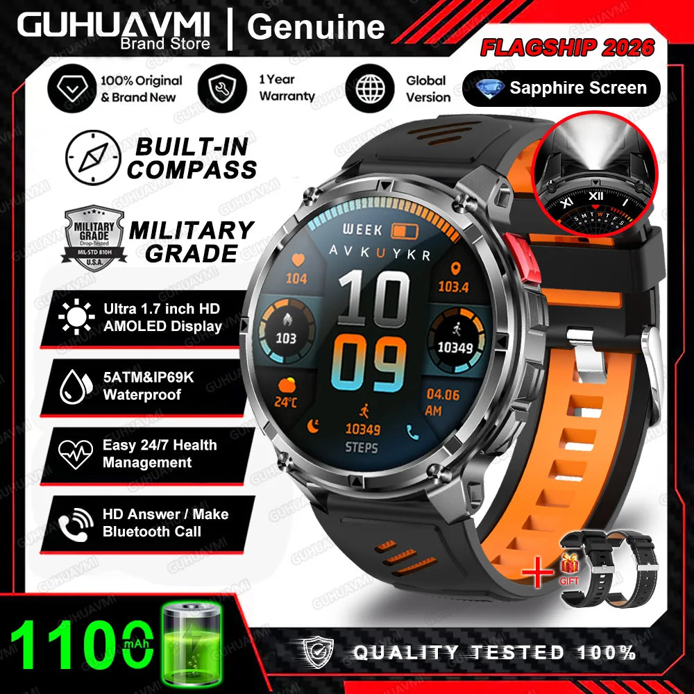 2026 T-Rex3 Pro Military Smartwatch — 1100mAh, GPS, 5ATM Waterproof & Compass