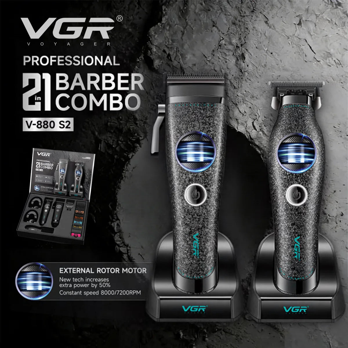 VGR Hair Trimmer Brushless External Rotor Motor Professional Hair Cutting Machine Barber Clippers Cordless Trimmer for Men V-880