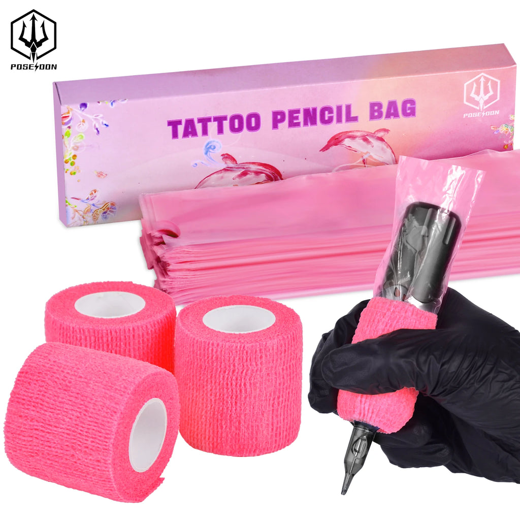 POSEIDON Tattoo Pencil Sleeve Bag — 200pcs Covers + 3pcs Pink Bandage Practice Set
