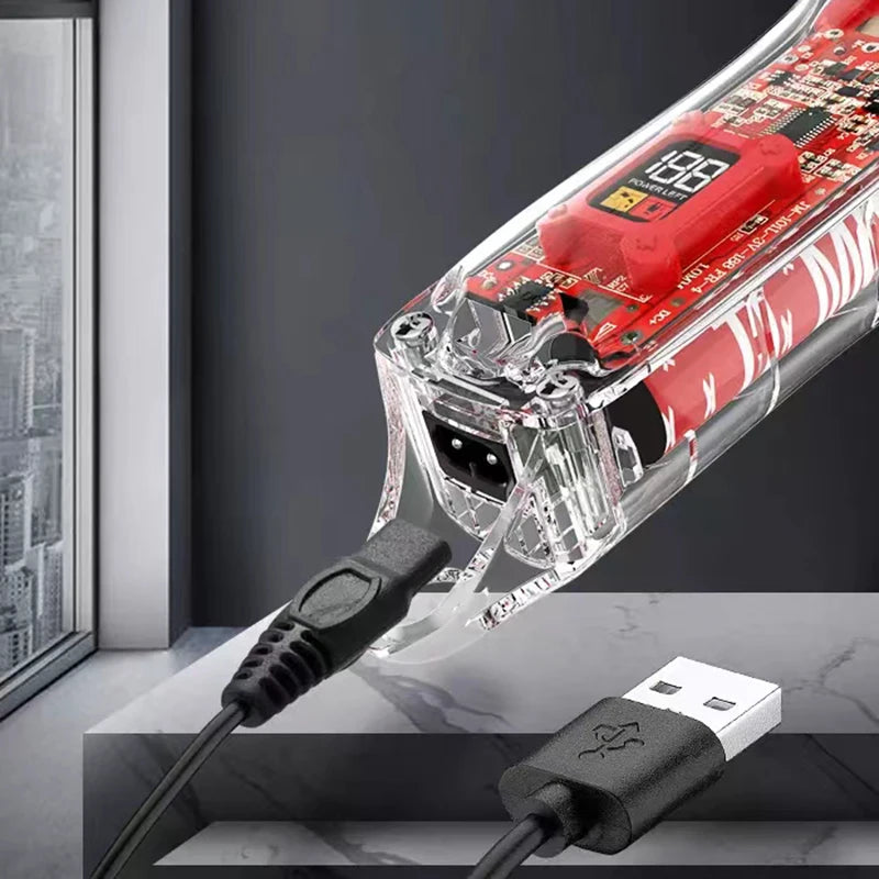 Kemei Rechargeable Hair Cutting Machine Barber Shop Fade Hair Clippers 10W Cordless Trimmer Transparent Cover Red Base KM-1761