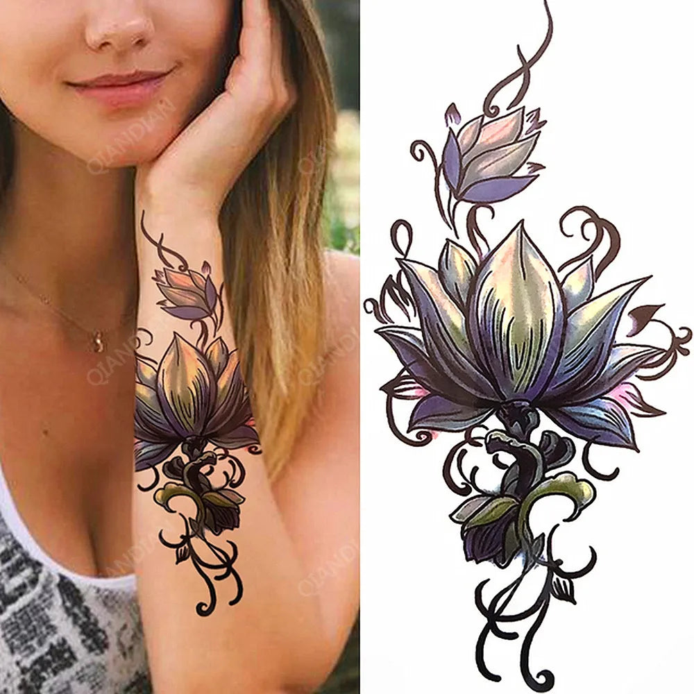 Floral Waterproof Temporary Tattoo — Rose, Lotus & Sunflower Body Art for Women