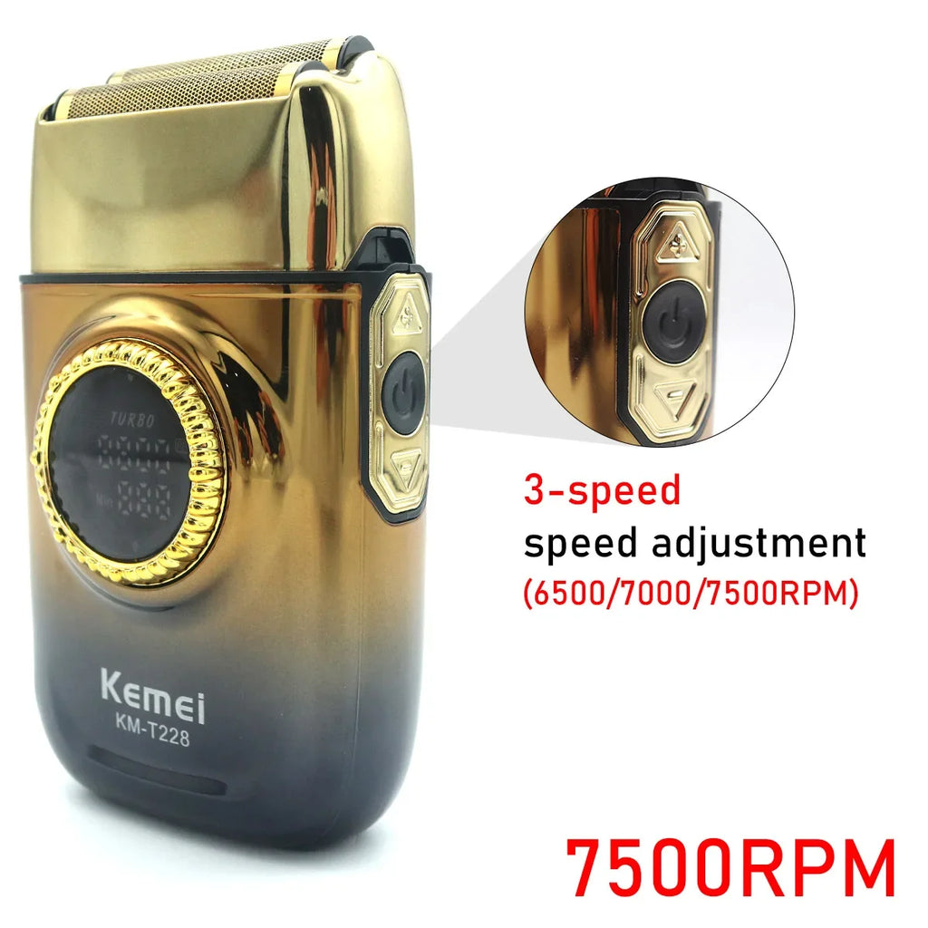 Kemei KM-T228 Professional Reciprocating Foil Shaver — Turbo High Speed, LCD, USB Fast Charge