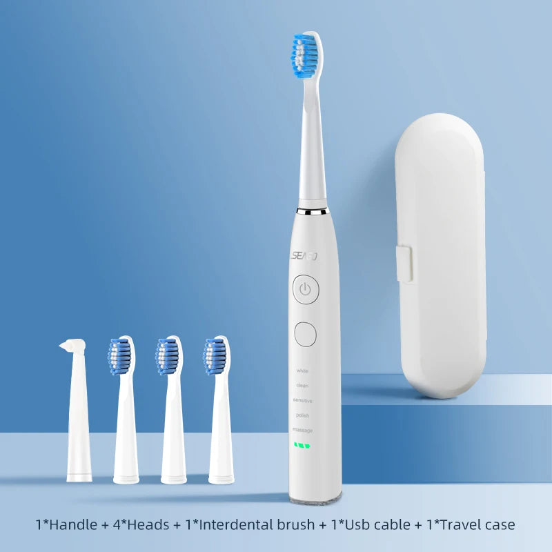 Seago SG-575 Electric Toothbrush — USB Rechargeable, 360-Day Battery, IPX7 with 4 Heads