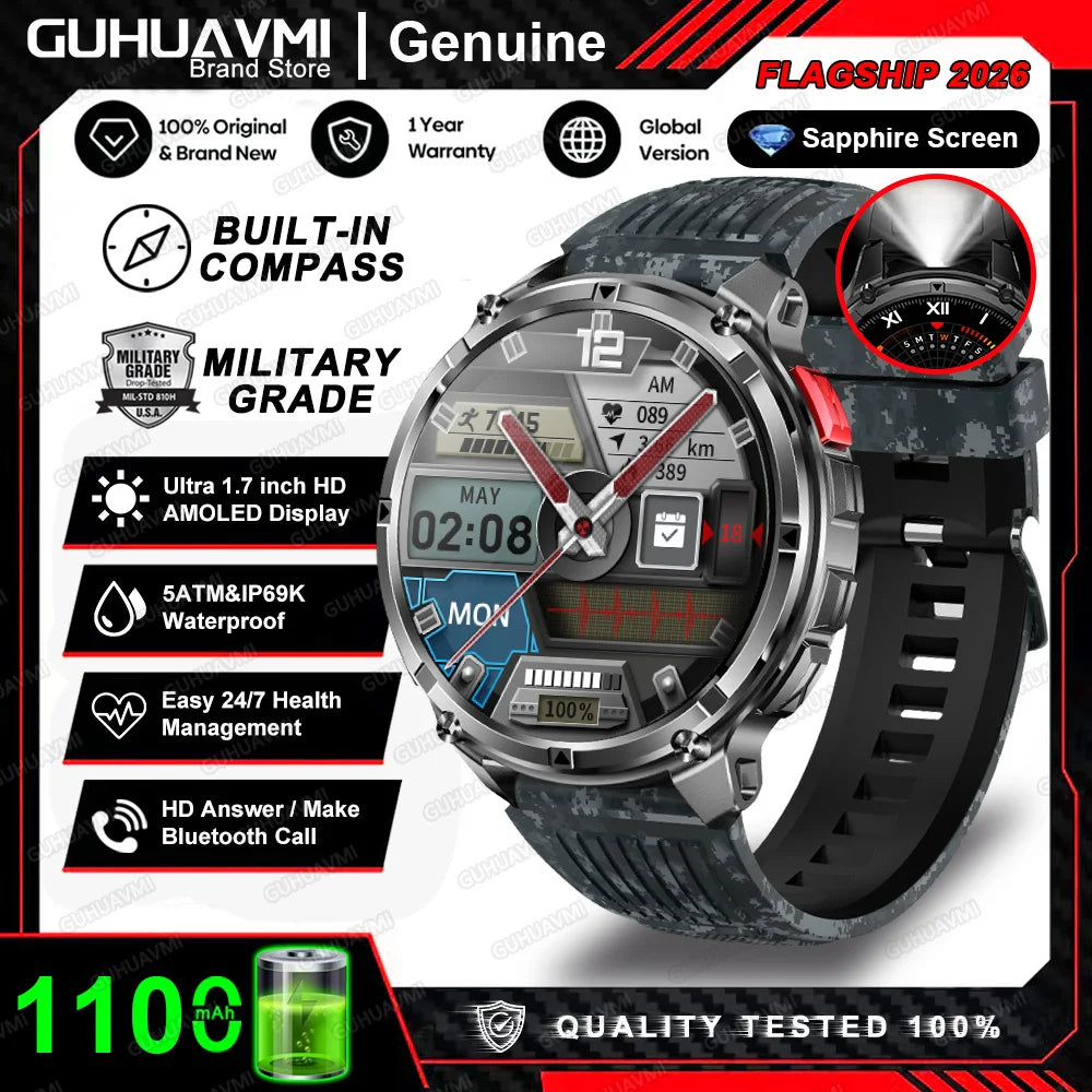 2026 T-Rex3 Pro Military Smartwatch — 1100mAh, GPS, 5ATM Waterproof & Compass