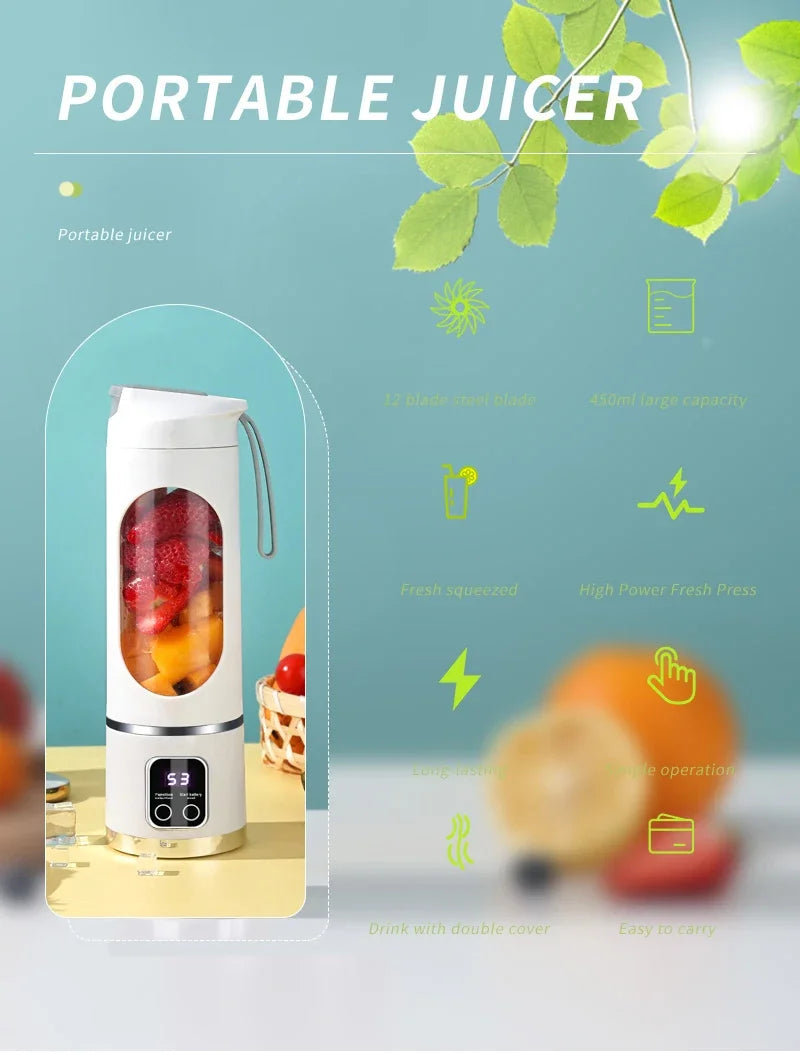 2025 Mini Electric Juicer 450ml — Powerful Motor, Digital Display, Crushed Ice