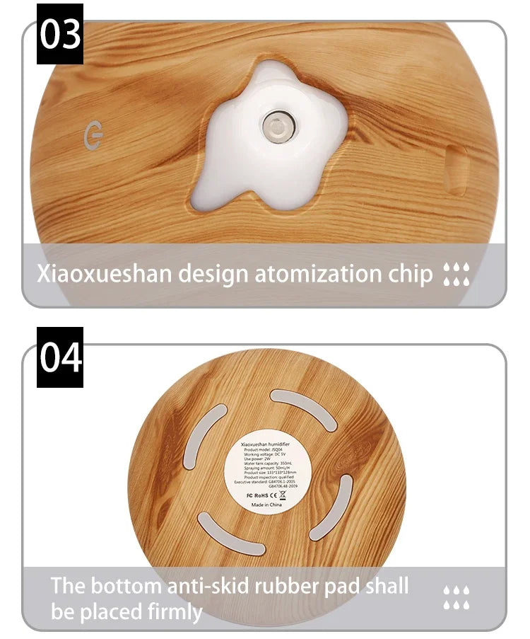 350ml Wood Grain Aromatherapy Diffuser — Remote Control, 7-Color LED Ultrasonic Humidifier