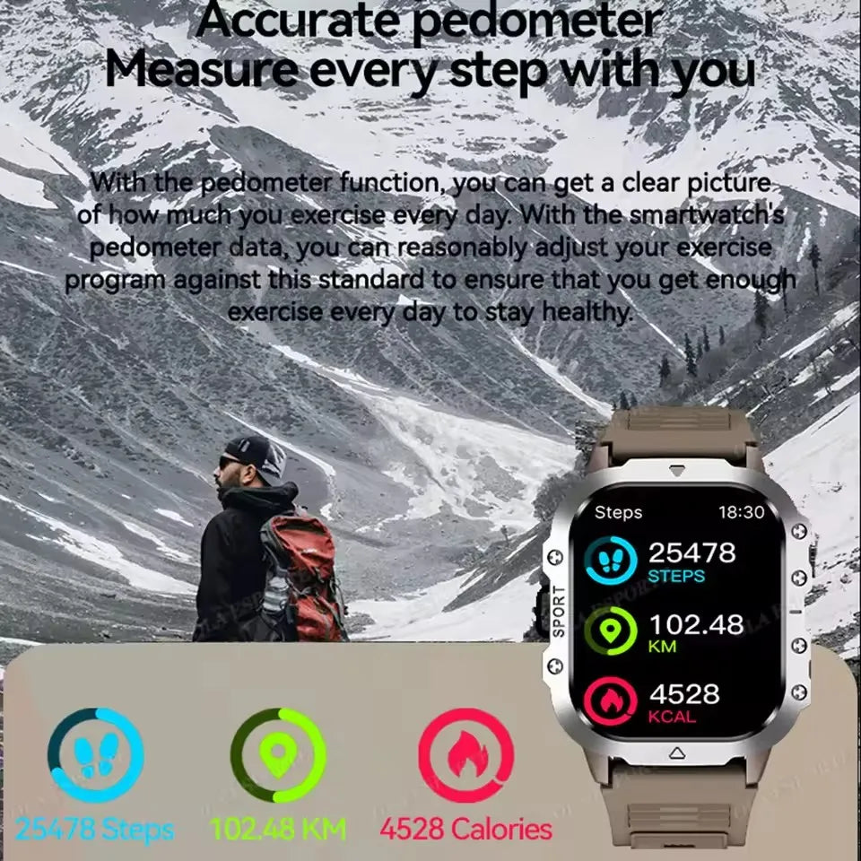 2026 Rugged Military Smartwatch — Waterproof, AI Voice, Health Monitor for Men