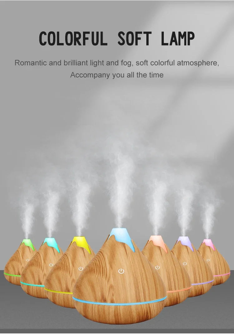 350ml Wood Grain Aromatherapy Diffuser — Remote Control, 7-Color LED Ultrasonic Humidifier