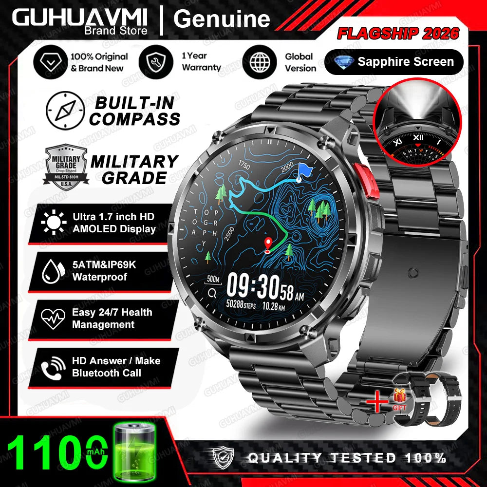 2026 T-Rex3 Pro Military Smartwatch — 1100mAh, GPS, 5ATM Waterproof & Compass