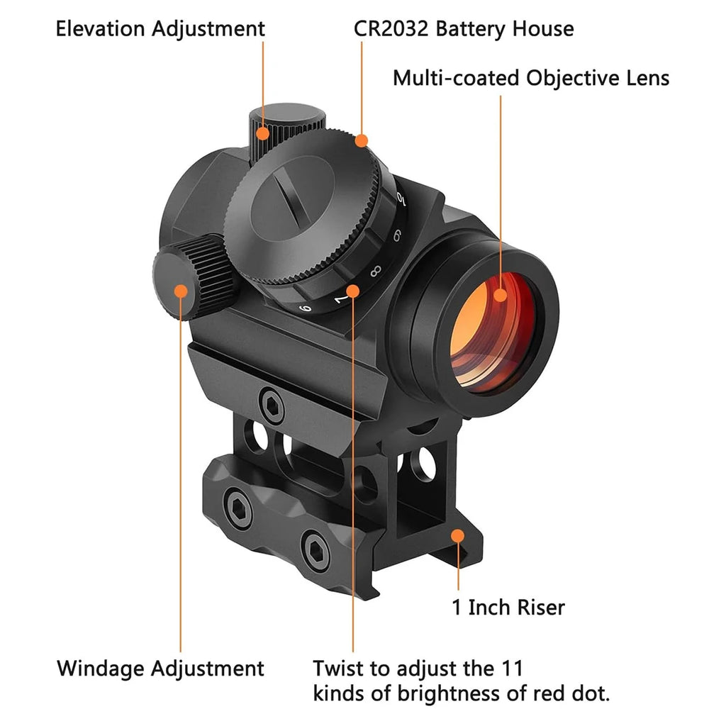 2MOA Red Dot Sight 1x25mm — Waterproof Shockproof Reflex Scope with Riser Mount