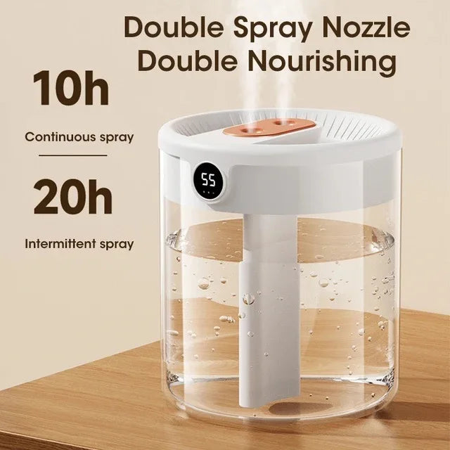 2L Double Spray Humidifier — Large Capacity Silent USB with Night Light & Digital Display