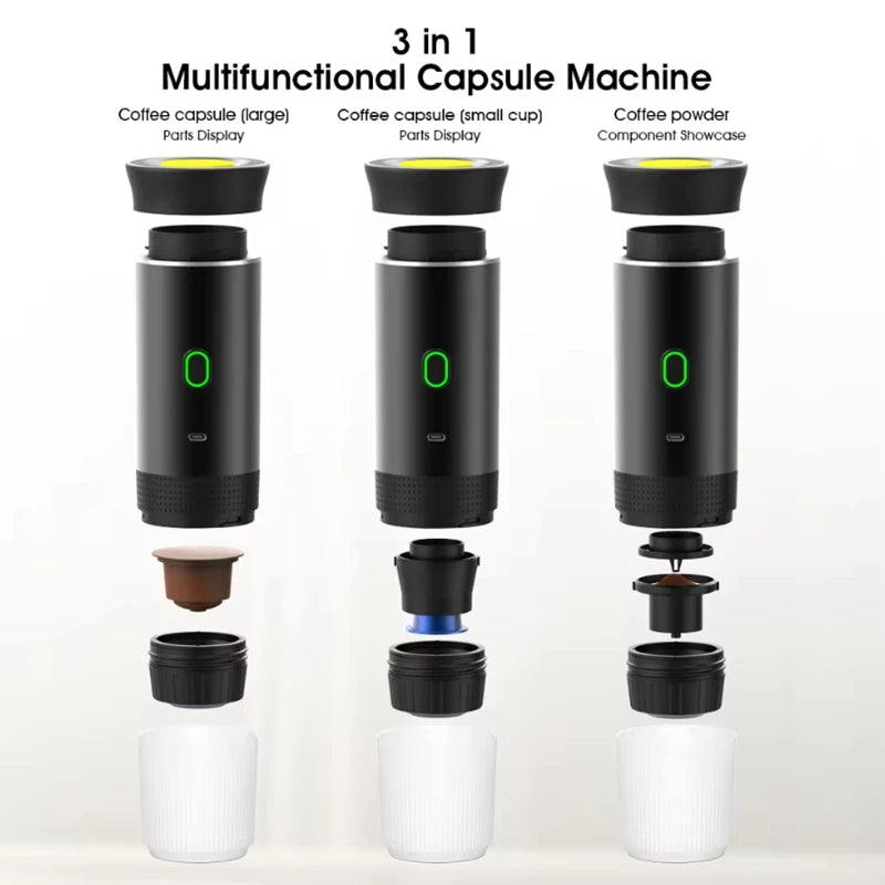 Portable Wireless Espresso Machine — 3-in-1 Capsule, Pod & Ground Coffee Maker for Travel & Car