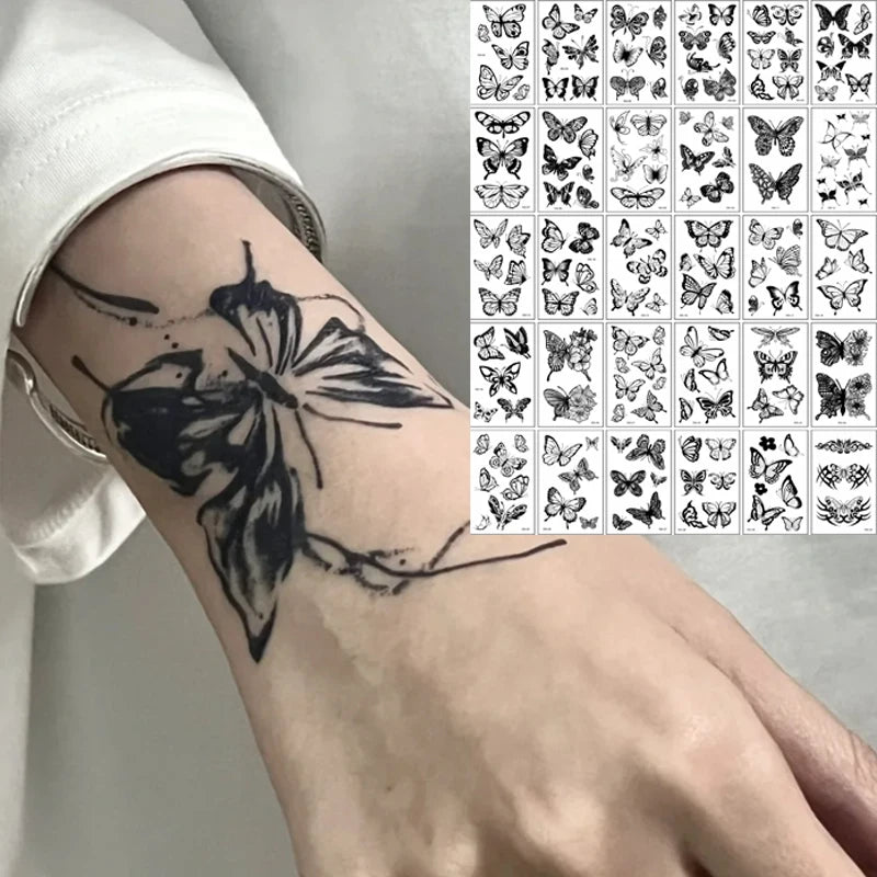 3D Black Butterfly Temporary Tattoo — 30pcs Waterproof Transfer Set for Women