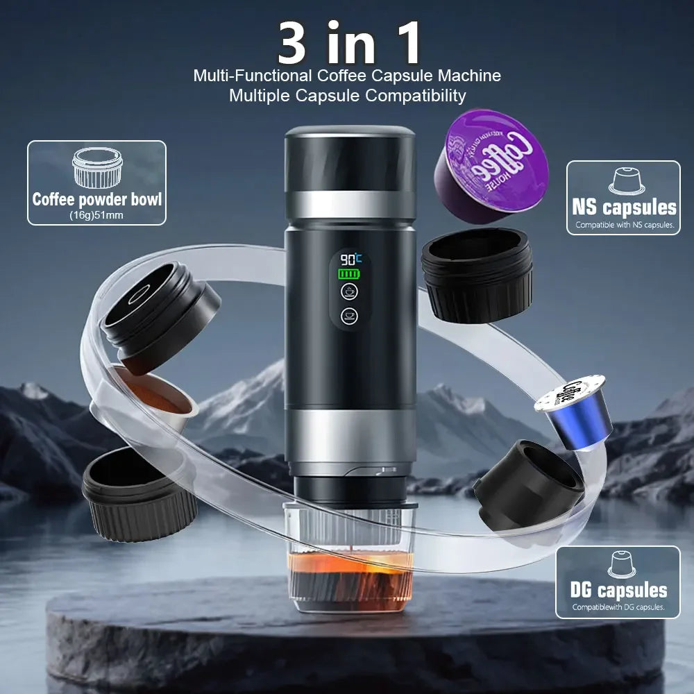 DENOKIN 3-in-1 Portable Espresso Machine — Digital Display, Removable Battery for Car, Home & Camping