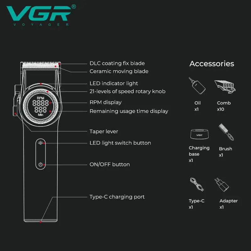 VGR Professional Hair Clipper — 12000RPM LED Digital Carving Electric Clipper V-001 & V-977