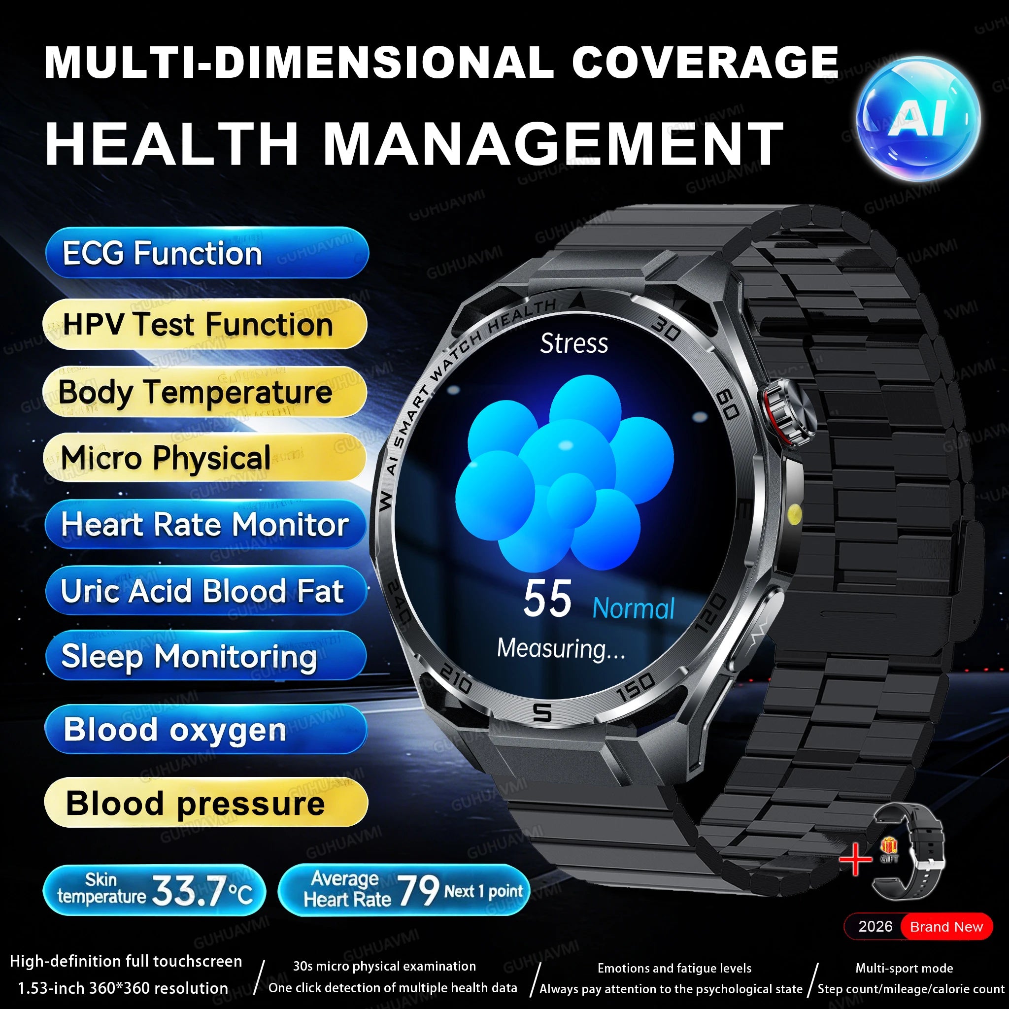 2026 ECG+PPG Health Smartwatch — Body Fat, Uric Acid & Bluetooth Call for Men & Women