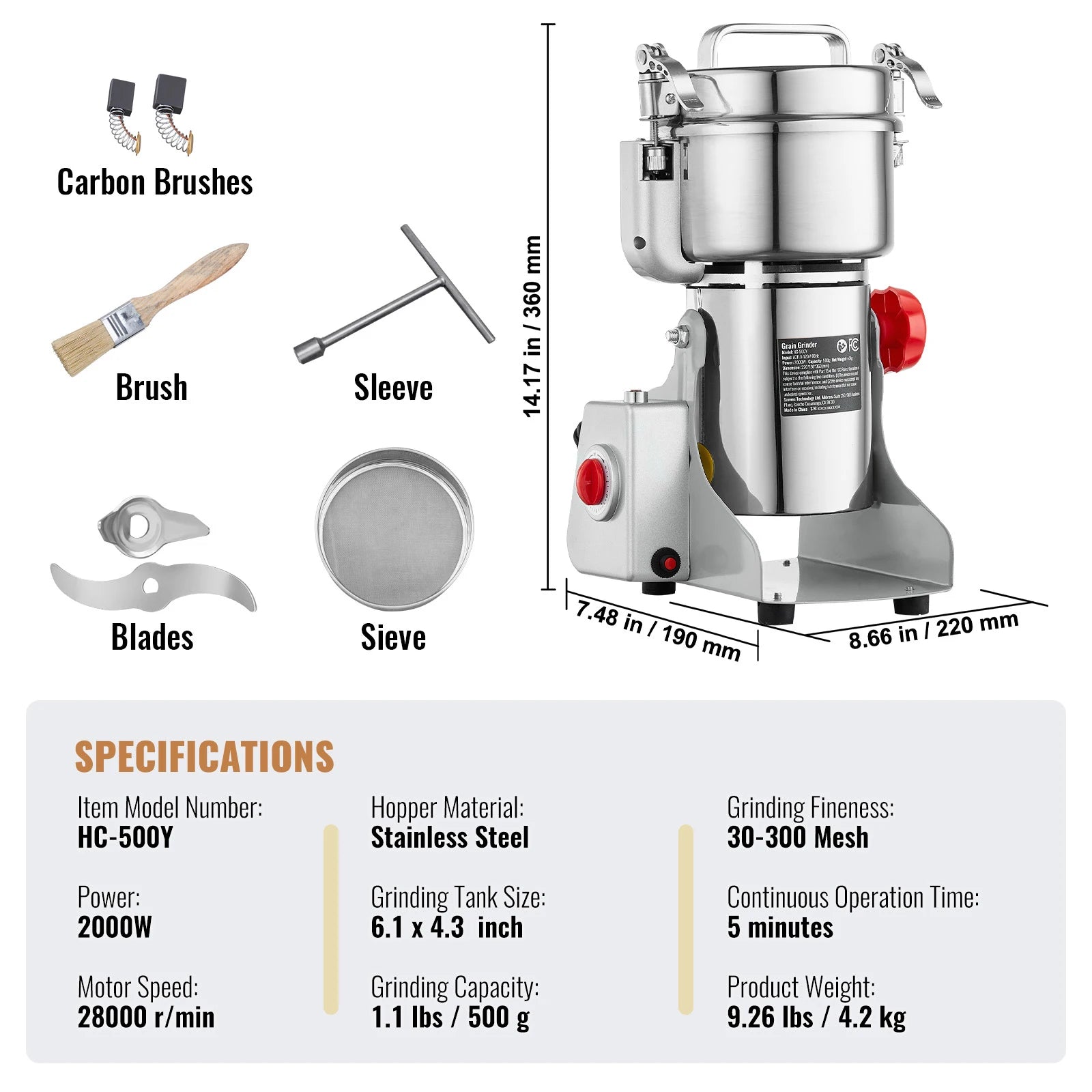 SucceBuy Commercial Grain Mill Grinder — 150-2500g Electric Swing Spice Grinder