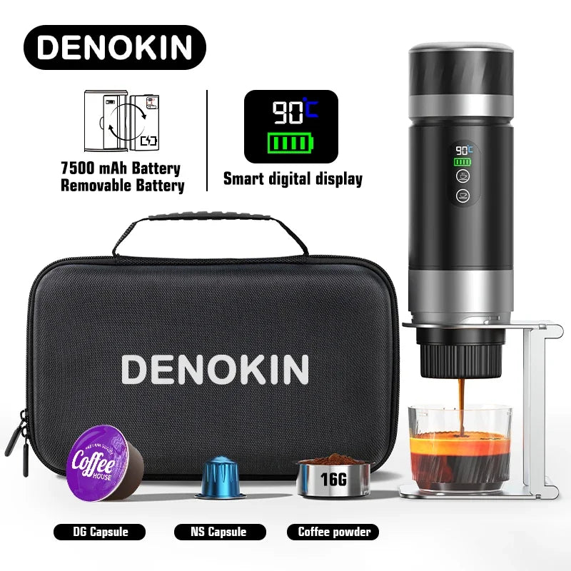 DENOKIN 3-in-1 Portable Espresso Machine — Digital Display, Removable Battery for Car, Home & Camping