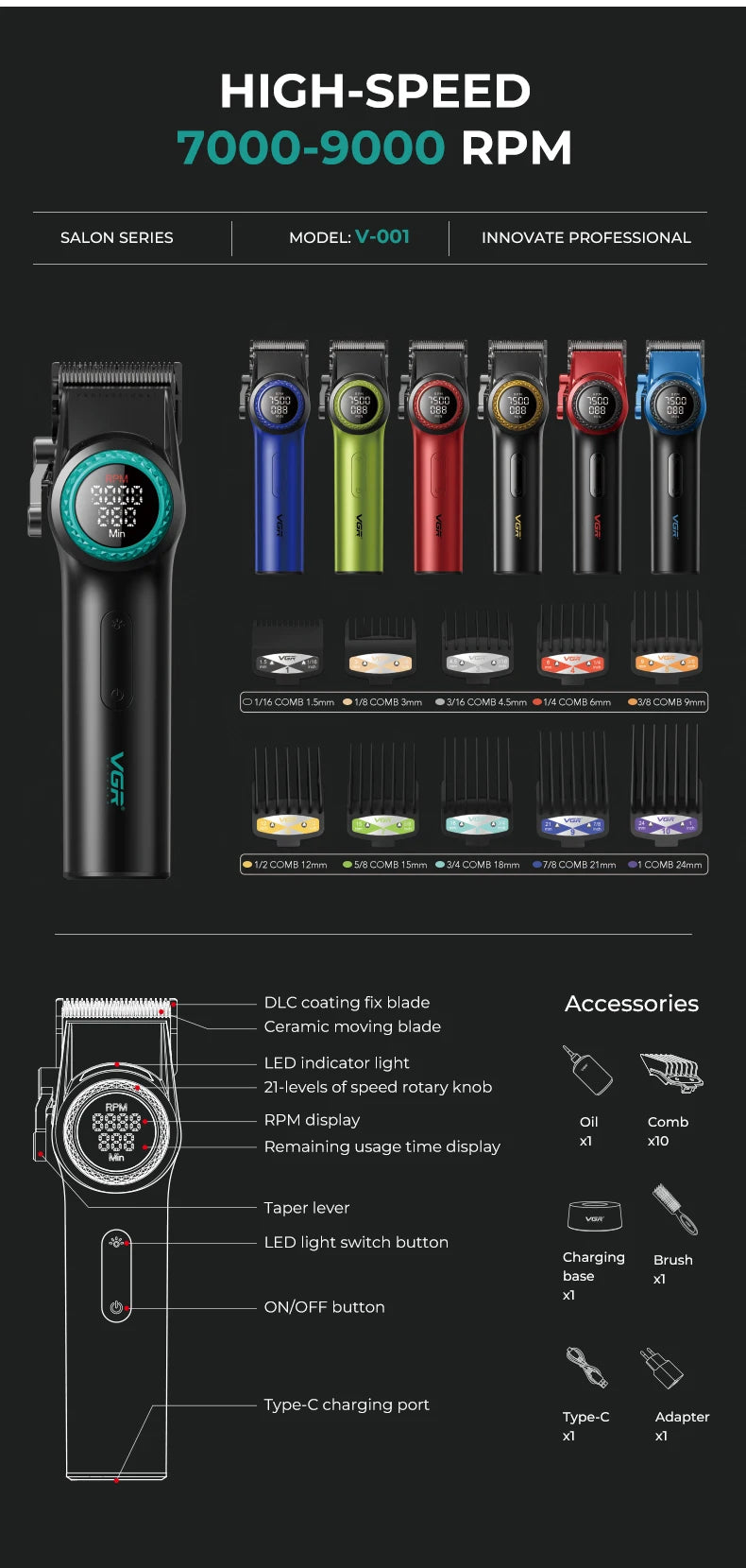 VGR Professional Hair Clipper — 12000RPM LED Digital Carving Electric Clipper V-001 & V-977