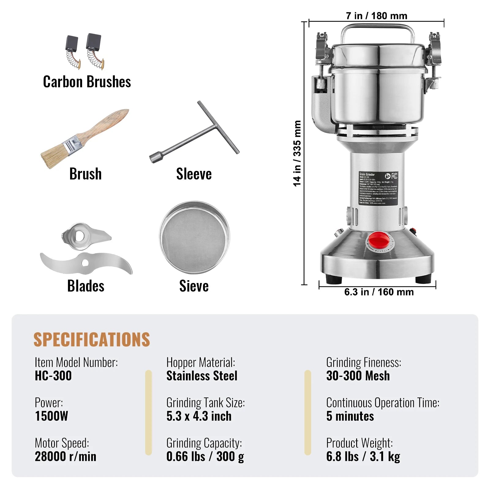 SucceBuy Commercial Grain Mill Grinder — 150-2500g Electric Swing Spice Grinder