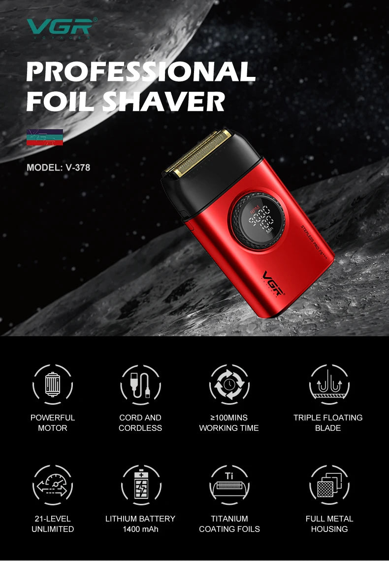 VGR V-378 Professional Foil Shaver — Rechargeable Cordless Electric Head Shaver for Men