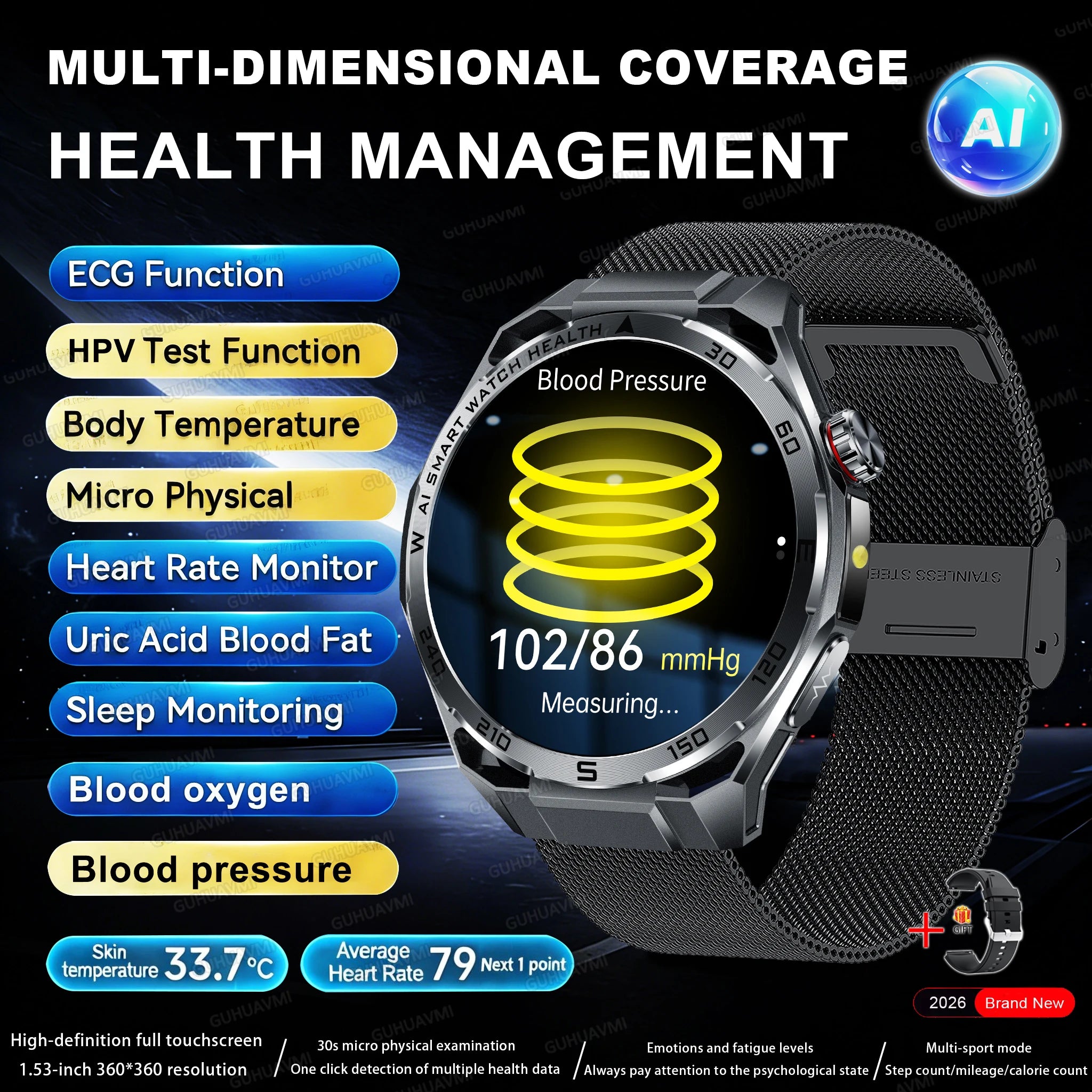 2026 ECG+PPG Health Smartwatch — Body Fat, Uric Acid & Bluetooth Call for Men & Women