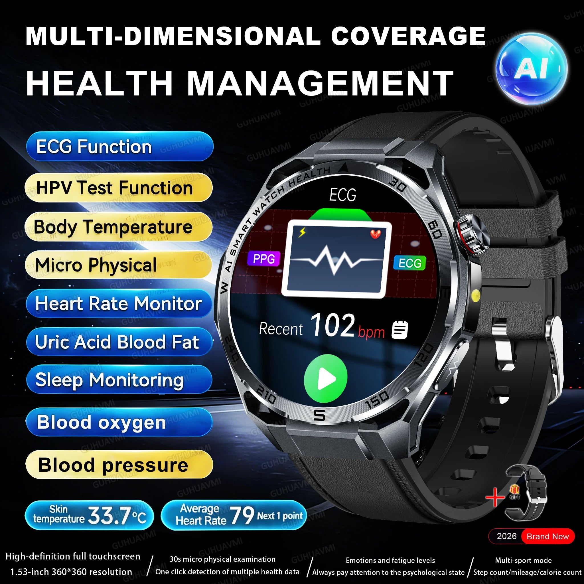 2026 ECG+PPG Health Smartwatch — Body Fat, Uric Acid & Bluetooth Call for Men & Women