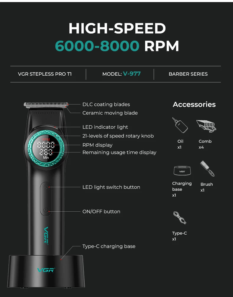 VGR Professional Hair Clipper — 12000RPM LED Digital Carving Electric Clipper V-001 & V-977